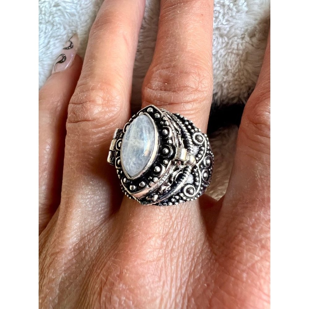 925 Rainbow FLASH Moonstone Poison Ring 9.5, - Picture 4 of 13